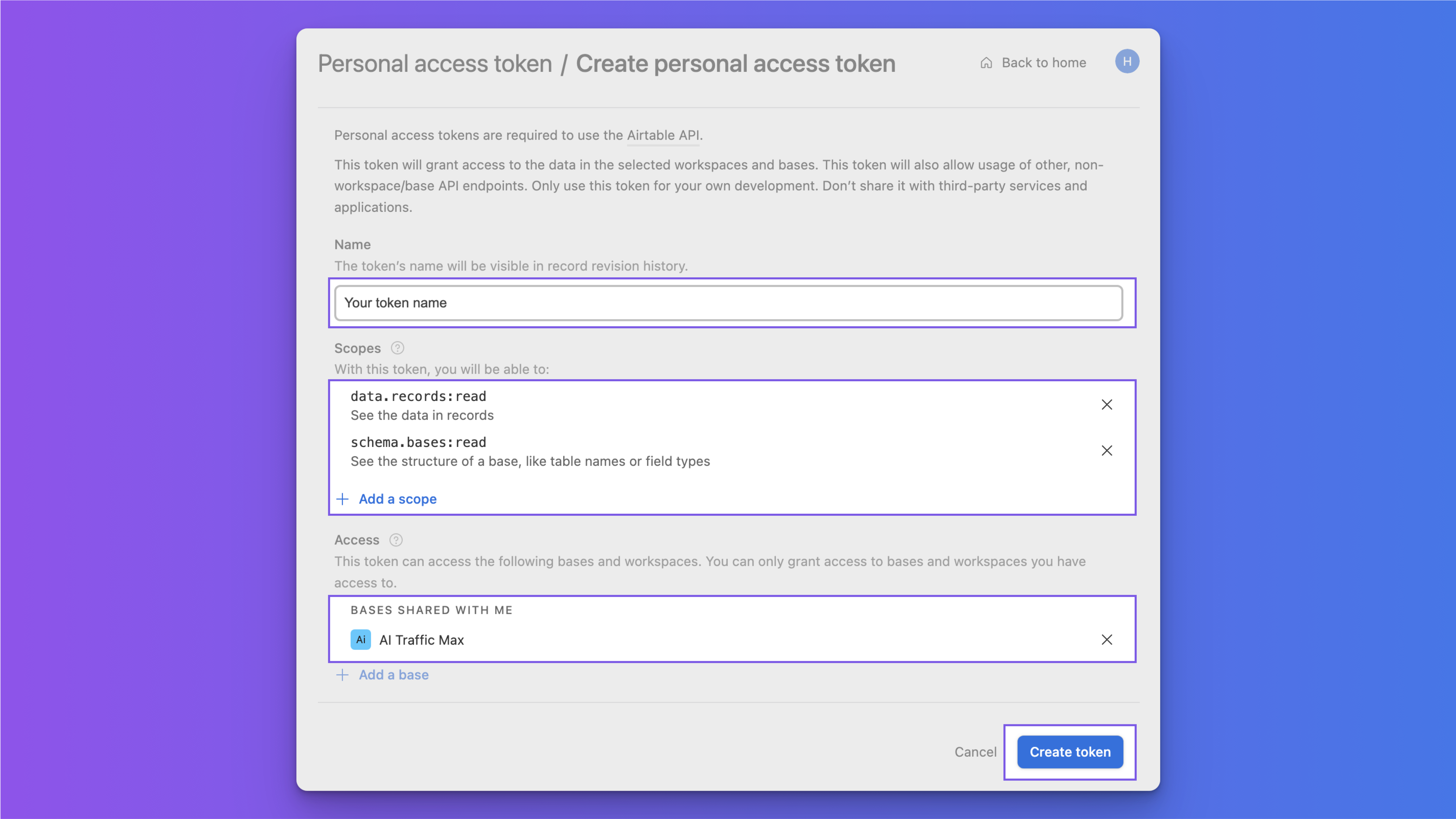 Import Airtable - Click create personal access token step 2
